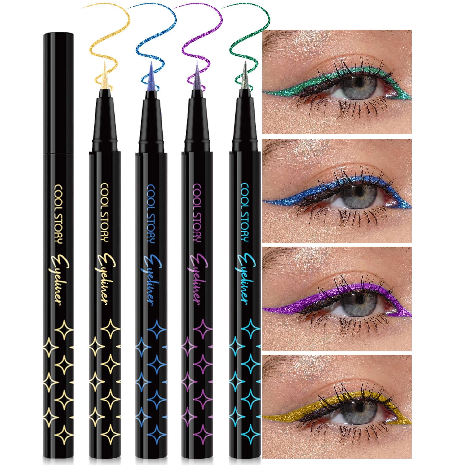Photo 1 of 4Pcs Glitter Colored Liquid Eyeliner & Eyeshaow, Shimmer Liquid Eyeliner & Eyeshaow Makeup Set, Purple Blue Gold Green Face Body Glitter Makeup Sparkling Eye shaow Pen