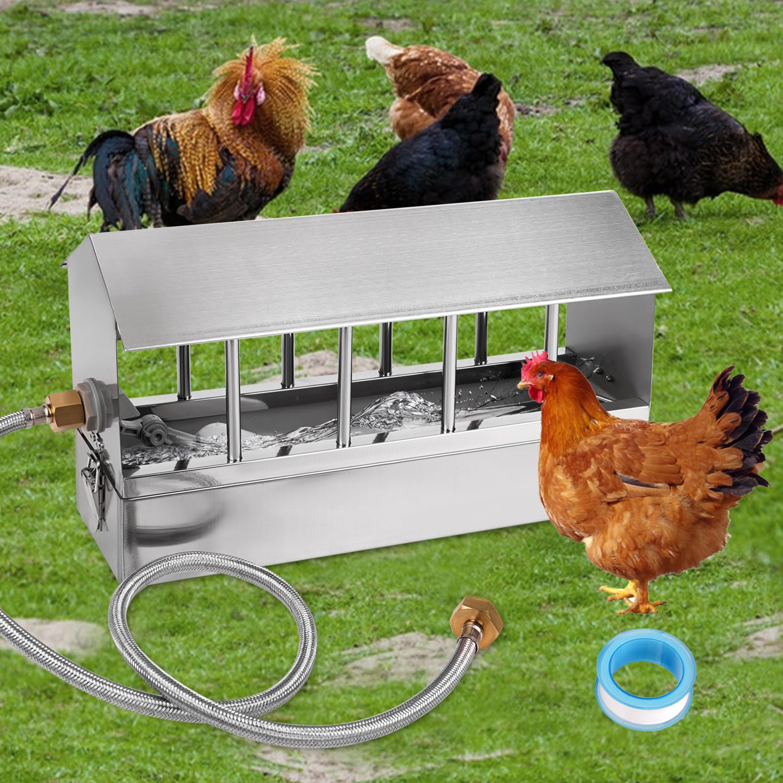 Photo 1 of Automatic Chicken Waterer Stainless Steel Large Metal Chicken Waterer System Poultry Waterer Dispenser with Float Valve Kit Hose Accessories for Pigeon, Duck, Goose