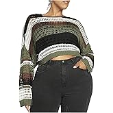 BEAUDRM Women's Plus Size Color Block Striped Hollow Out Crochet Crop Sweater Long Sleeve Knit Pullover Tops