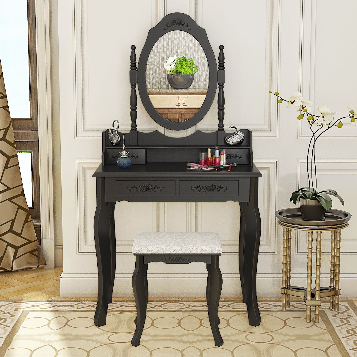Inwellhome Dressing Table Set White Makeup Vanity Desk With Rectangular Mirror Drawer Padded Stool