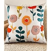 Kokaaee Embroidered Throw Pillow Cover - 18x18 Decorative Pillow Cover with Zipper Aesthetic Cute Design Boho Spring Summer Cozy Throw Pillowcase for Living Room Couch Sofa Bed, Plants