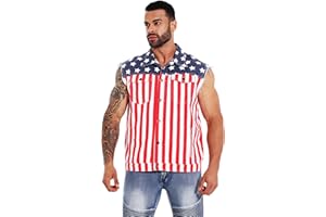 RongYue Men's American Flag Denim Vest Retro 4th of July Patriotic Sleeveless Jean Jacket Shirt Casual Loose Fit Lapel Vest