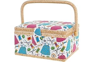 Sewing Basket with Accessories, Sewing Kit Storage Box with Removable Tray, Built-In Pin Cushion and Interior Pocket, Large S