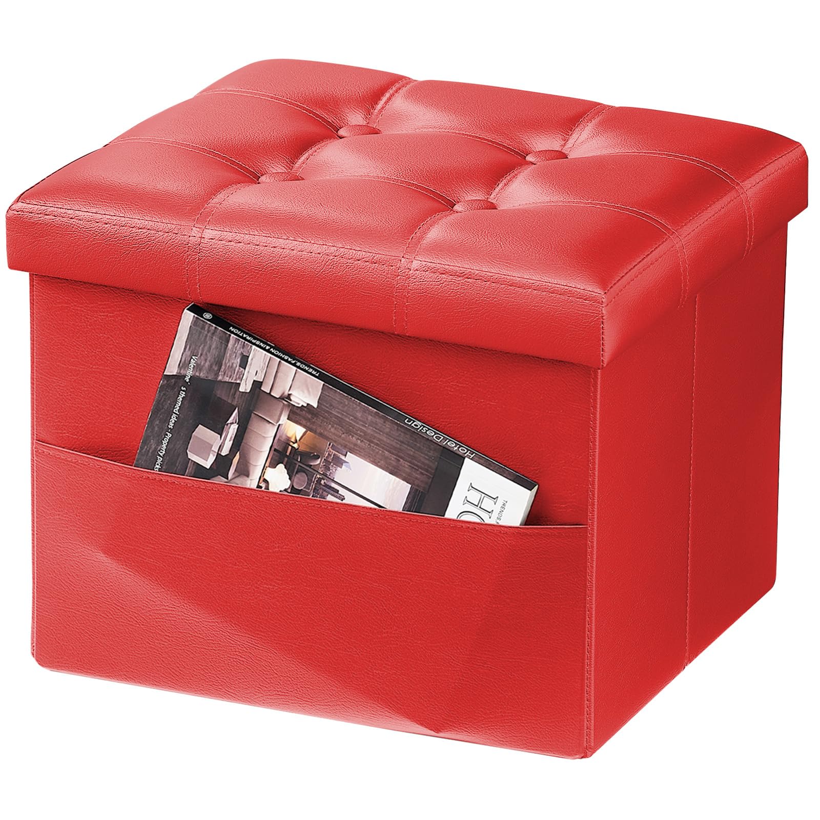 Photo 1 of AmasSmile Red Storage Ottoman Folding Foot Rest Stool with Side Pocket, 16 inch Leather Footstool Bench, Short Ottoman Bench, Storage Foot Rest Store, Books
