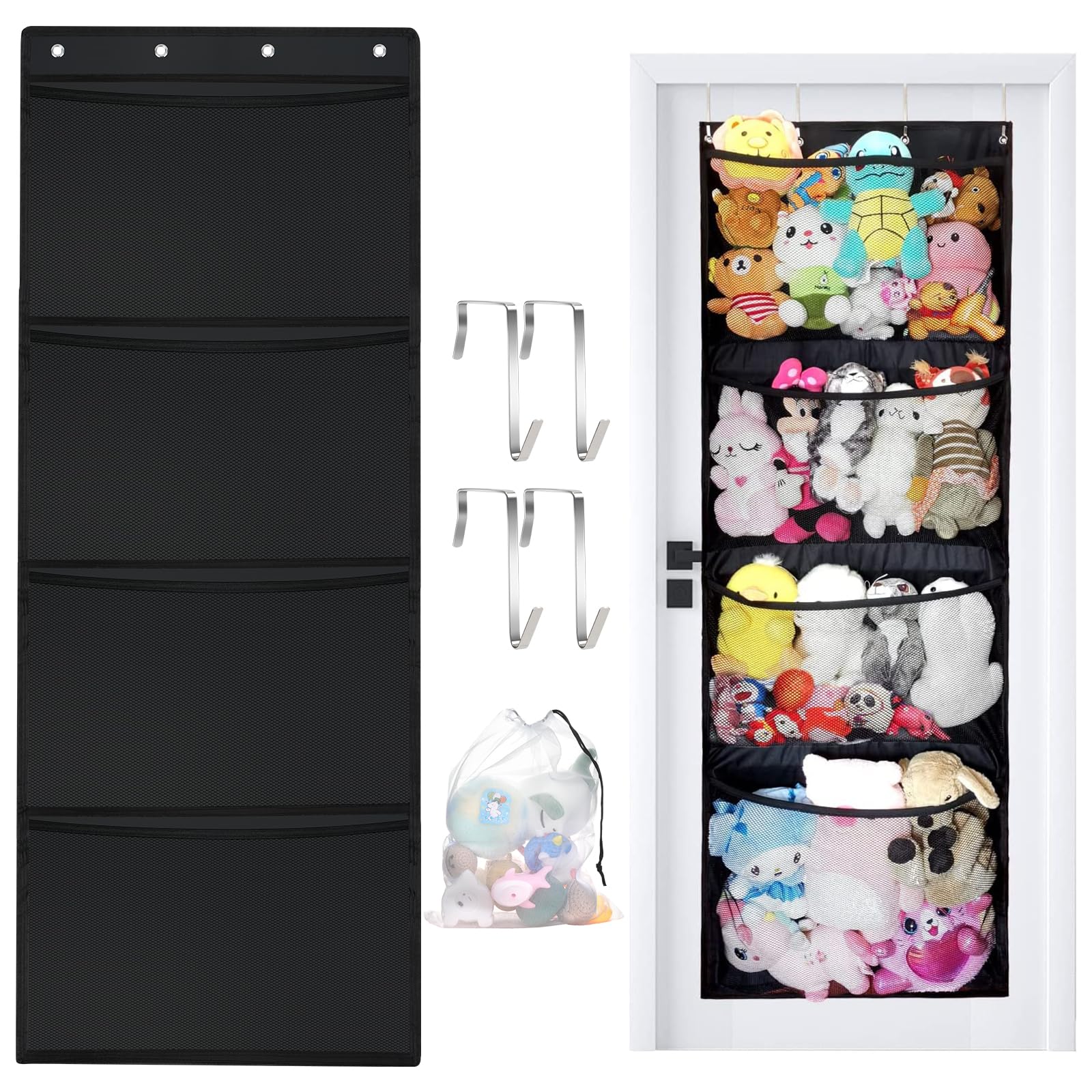 Aolso Stuffed Animal Storage, Over The Door Organizer Storages Hammock Toy Storage Net with 4 Large Pockets Hanging Storage Over The Door Organisers for Baby Plush Toys Bedroom Kids Toy Holder
