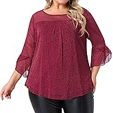 Agnes Orinda Plus Size Party Blouses for Women Ruffle 3/4 Sleeve Elegant Crew Neck Double Layers Glitter Mesh Tops
