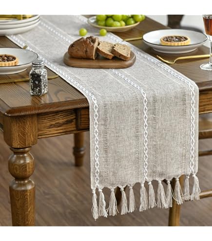 Tosleo Boho Table Runner 12x108 Inches - Khaki Striped Farmhouse Decor With Tassels