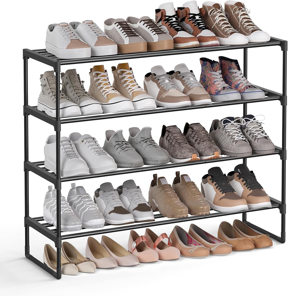 Songmics 4-Tier Shoe Rack Metal Storage Organiser 16-20 Pairs Black LSA14BKV2