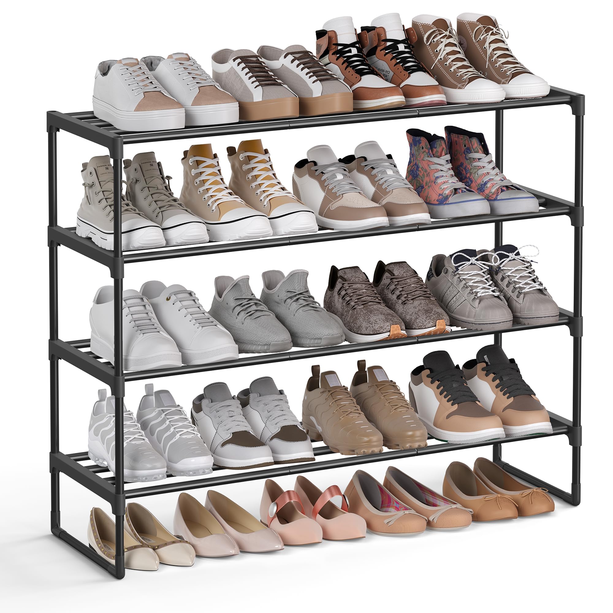 SONGMICS 4-Tier Shoe Rack, Storage Organiser, Metal, Fits 16 to 20 Pairs of Shoes, Stackable Shelf, for Hallway, Living Room, Bedroom, 30 x 92 x 74 cm, Black LSA14BKV2