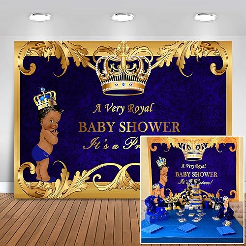 Aperturee Royal Prince Baby Shower Arch Backdrop African American Boy Blue Gold