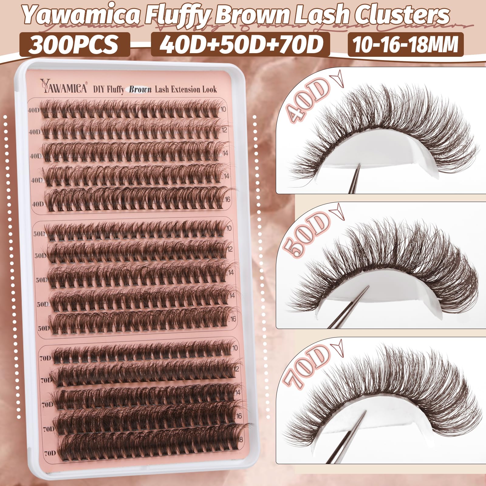 Yawamica Brown Lash Clusters Fluffier Eyelash Extension 10-16mm Individual Lashes D Curly Eyelash Clusters 40D+50D+70D Volume 300pcs Cluster Lashes Pestañas Pelo a Pelo DIY Lash Extension at Home
