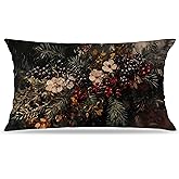 BUJSP Vintage Moody Floral Christmas Pillow Covers 20x12 Double-Sided, Cottagecore Christmas Decor, Dark Academia Holly Botanical Floral Decorative Throw Pillow Covers for Home Bedroom Living Room