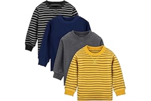 Cooraby 4 Pack Toddler Boys' Thermal Long-Sleeve Shirts Stripe and Solid T-Shirts Cotton Long-Sleeve Shirts for Boys