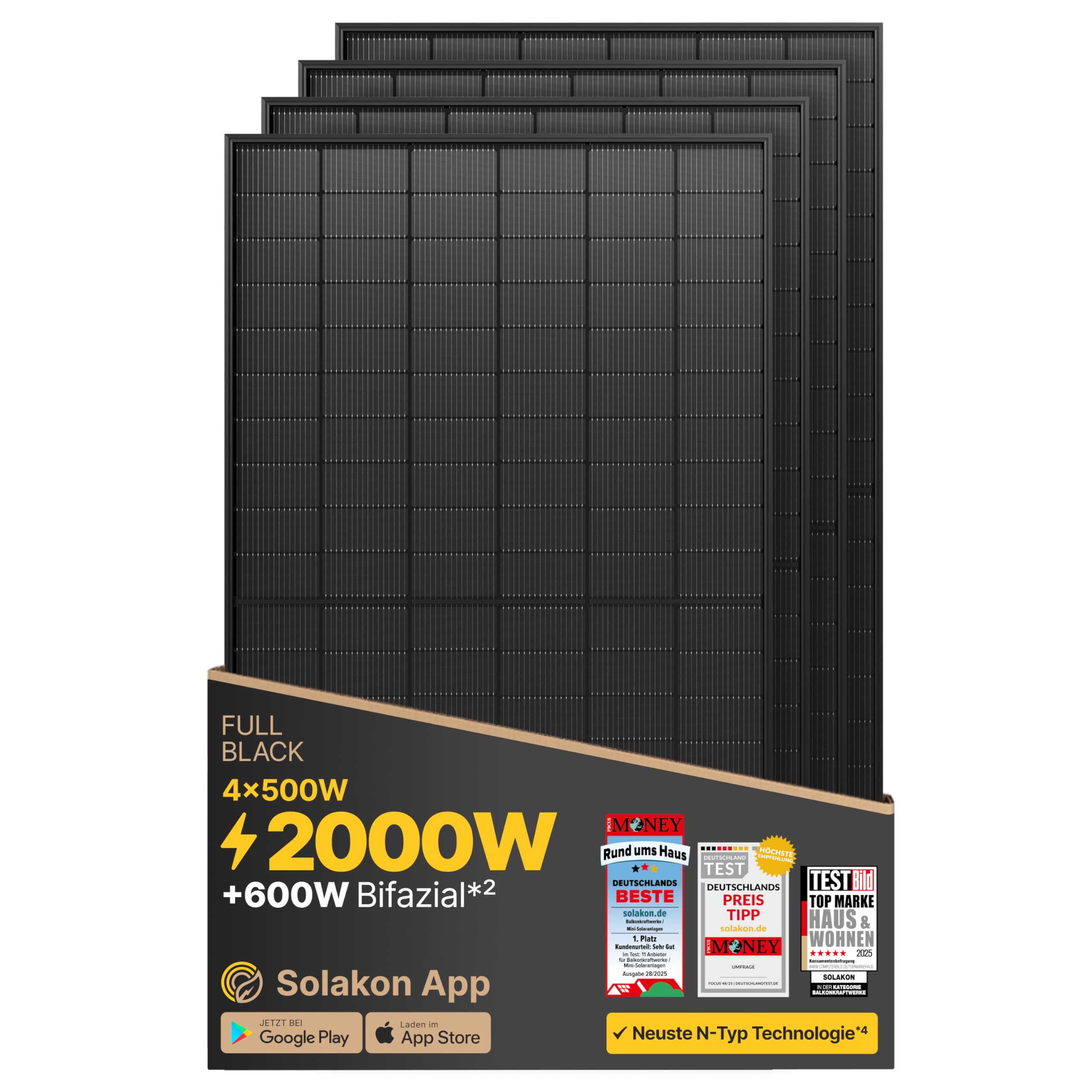 Solakon Solarpanel 500W, Bifazial Glas-Glas N-Type Solarmodul, 40v Full Black Solarmodule/Solar Module für Balkonkraftwerk/Solaranlage, 500w Solar Panel für Photovoltaik Komplettanlage (4 Stk)
