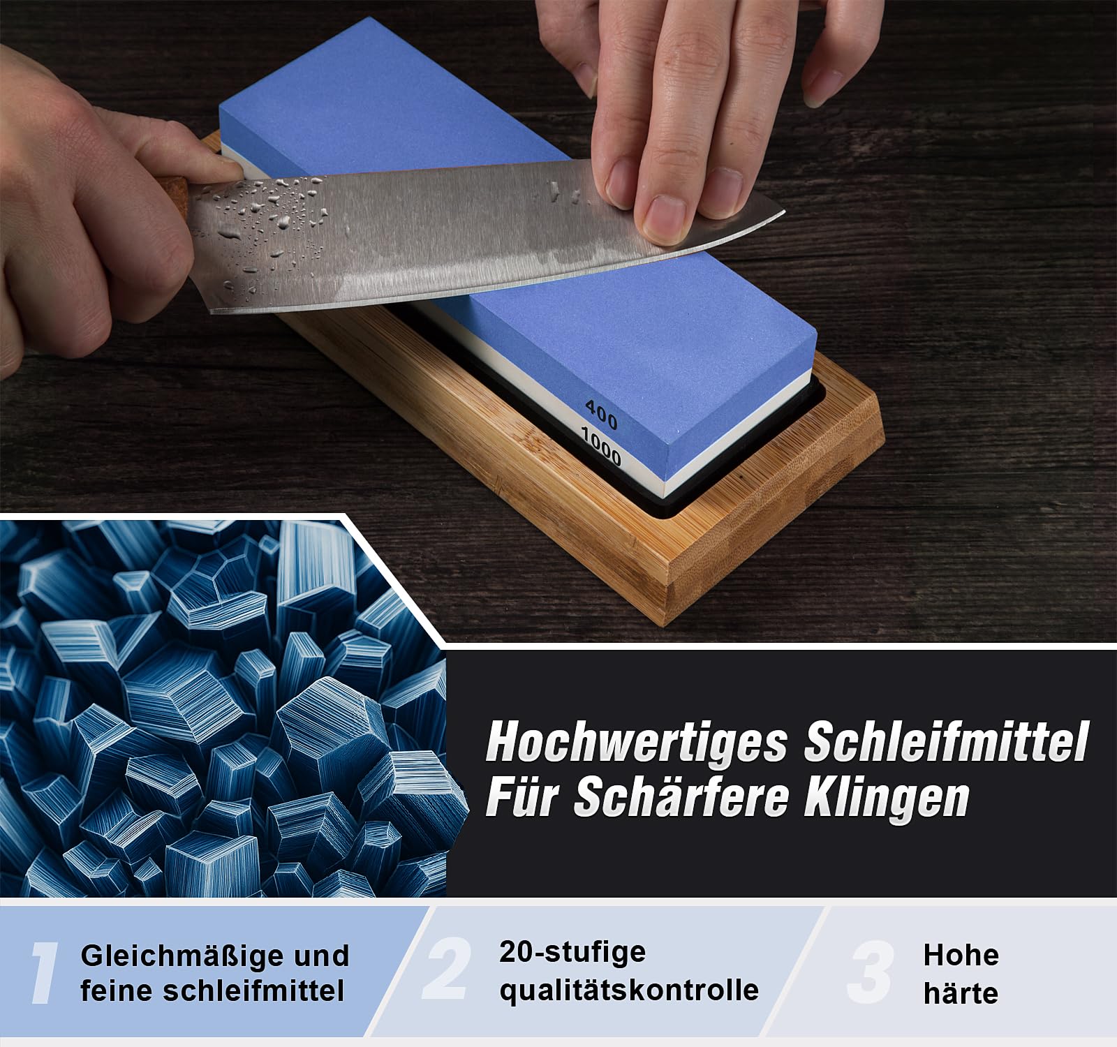 S SATC Premium Schleifstein Messer 400/1000/3000/8000 Körnung – Präzises Schärfen für Küchenmesser – Messerschleifstein Set 3