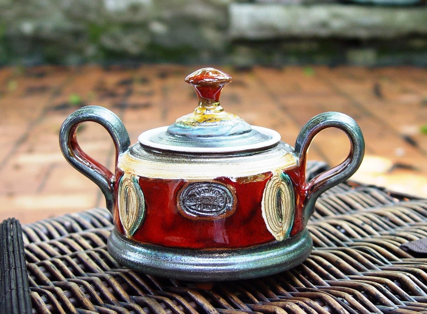Red Ceramic Sugar Bowl. Pottery Sugar Container, Clay Bowl