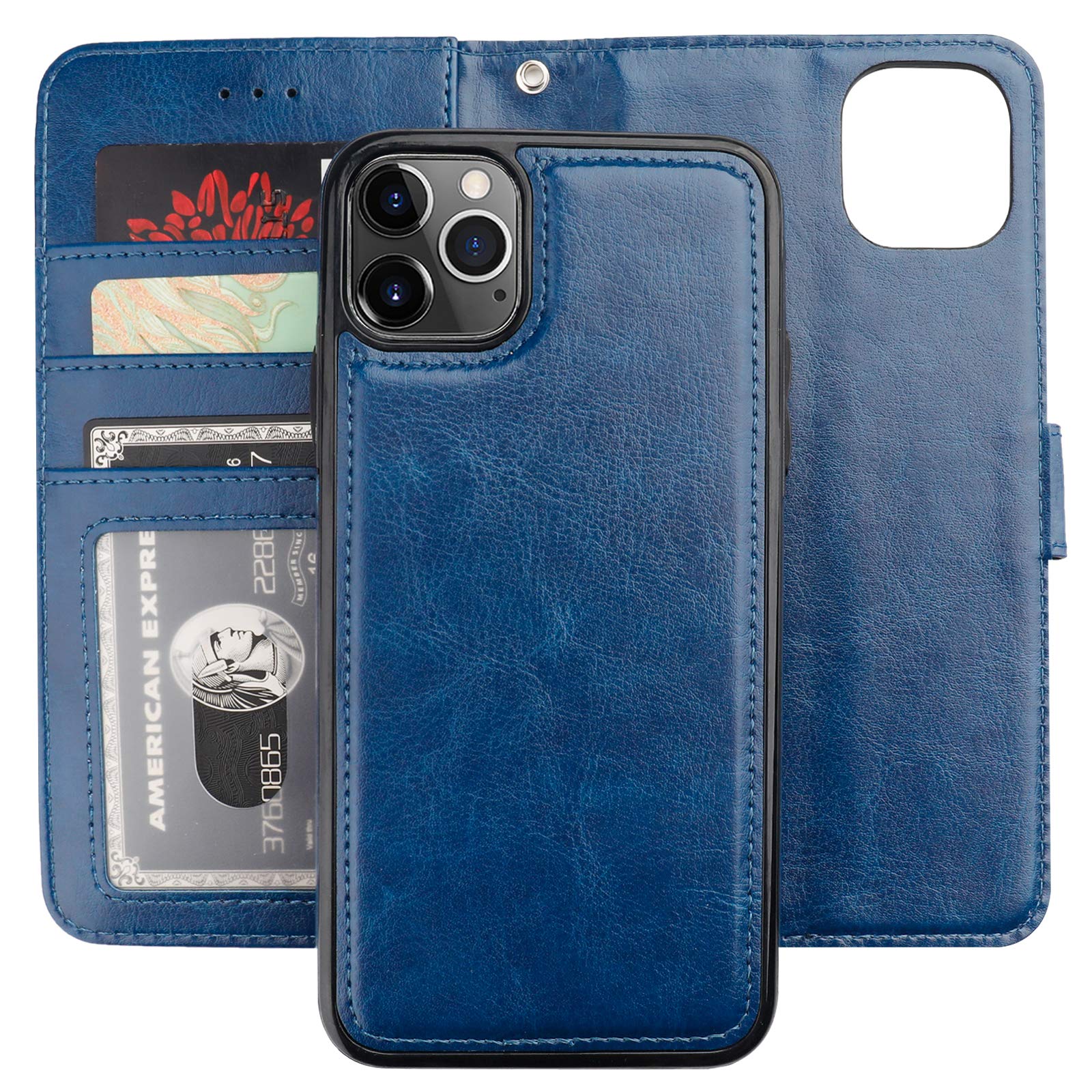 Photo 1 of Bocasal for iPhone 11 Pro Max Wallet Case with Card Holder PU Leather Magnetic Detachable Kickstand Shockproof Wrist Strap Removable Flip Cover for iPhone 11 Pro Max 6.5 inch (Blue)