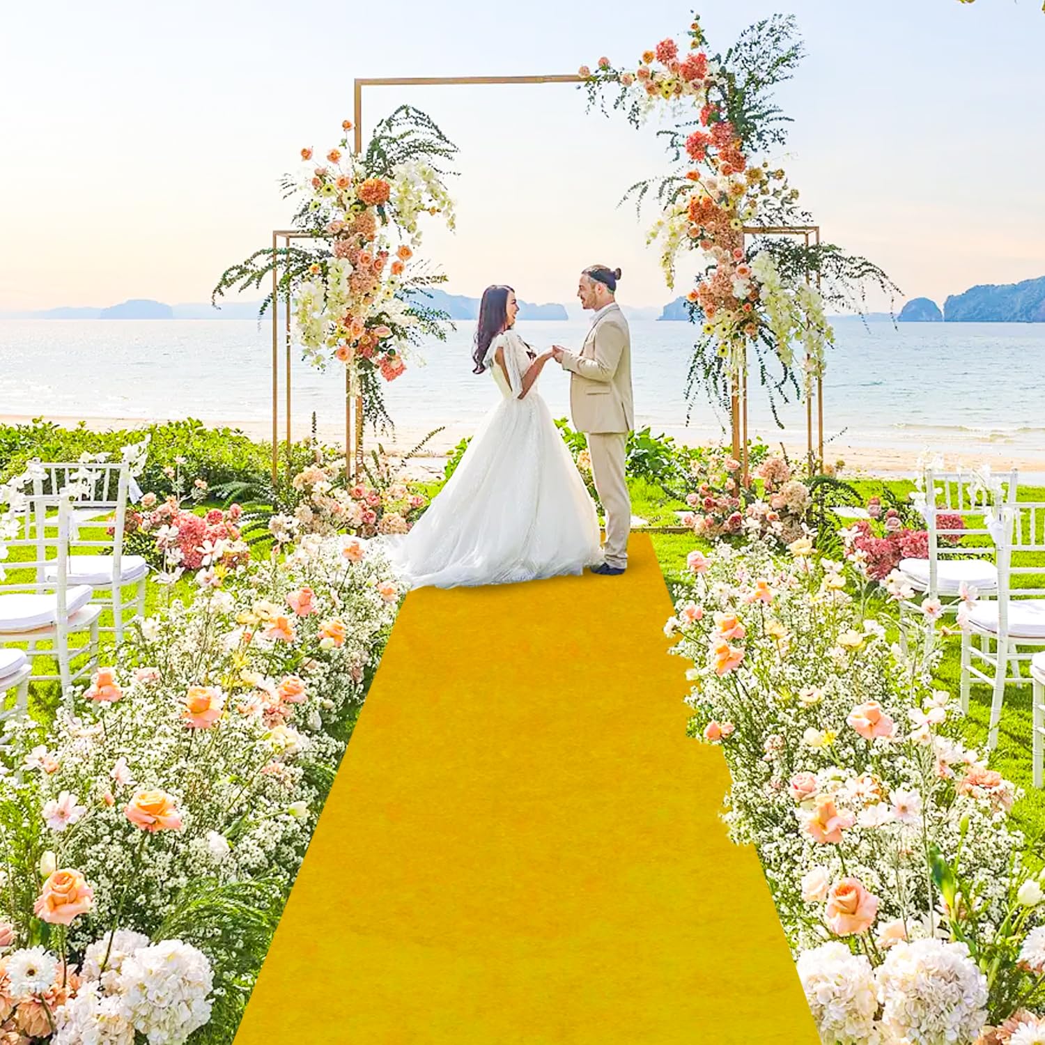 Photo 1 of FANPROMS Gold Aisle Runners Velvet Wedding Aisle Runner for Indoors 5FTx15FT Luxury Carpet Runners for Party Outdoor Carpet Runway Rug for Celebration Church Aisles Runner Wedding Beach Hallway Rug