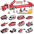 Oriate Fire Truck Vehicle Toys with Flatbed Trailer & Various Traffic Road Signs, Diecast Firetruck for 3 4 5 6 7 Year Old Boys Girls, Ambulance, Helicopter, Fire Rescue Theme Stickers