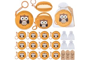 Elecrainbow 36 Pack Owl Change Purses Set Include 12 Wallets with Keyring,12 Thank You Tags and 12 Organza Bags for Woodland Forest Animals Party,Thanksgiving,Baby Shower,Birthday Party, Khaki