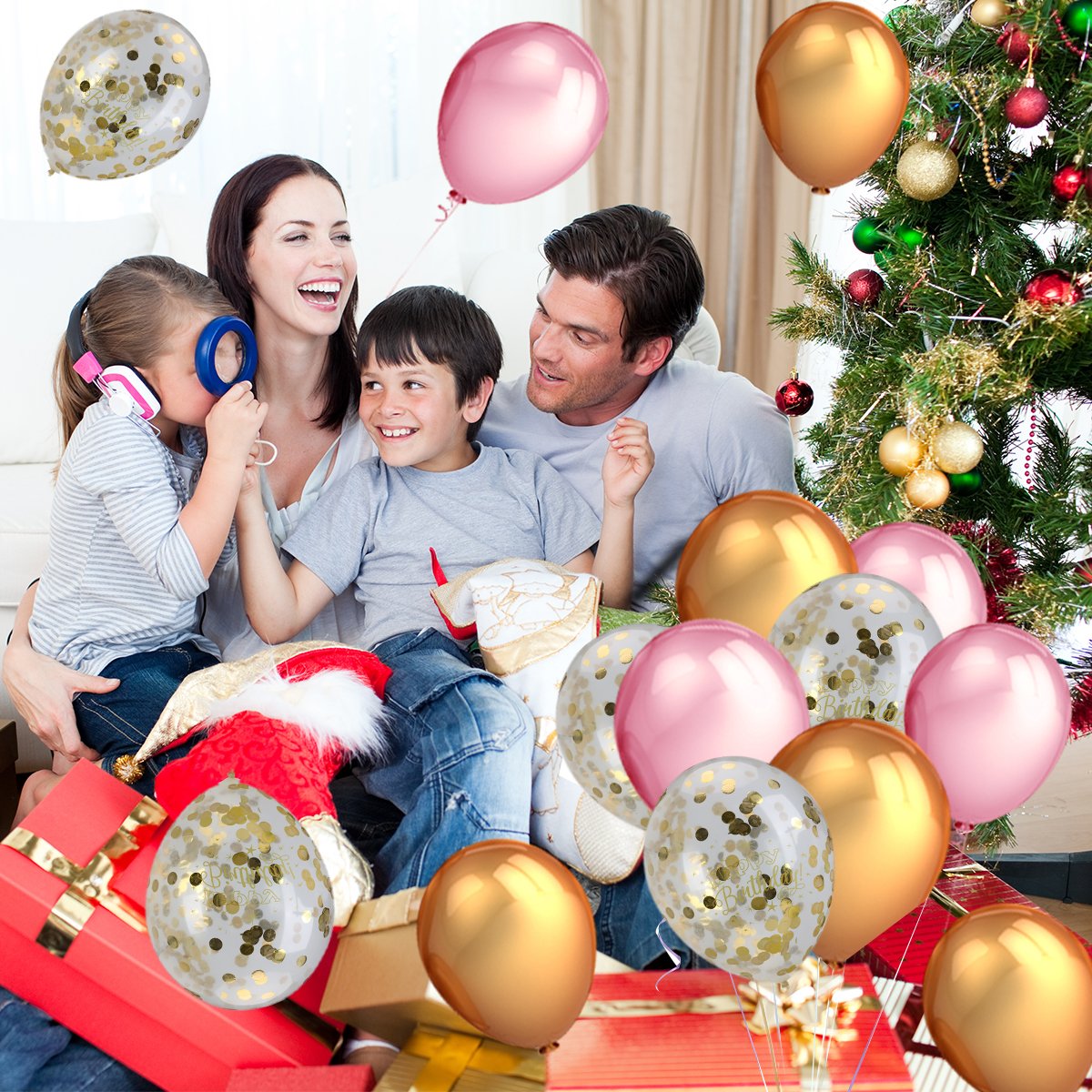 15 pcs Gold Confetti Balloons Printed Happy Birthday with 12 inches Gold and Pink Latex Party Balloons (30 Pcs) for Birthday Baby Shower Party Decorations Supplies