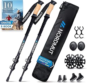 NORDMUT® Wanderstöcke Teleskop Alu | Nordic Walking Stöcke Damen und Herren | Ultraleichte Trekkingstöcke [mit Gummipuffer Set] verstellbar mit Echt Kork Griff