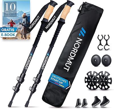 NORDMUT® Wanderstöcke Teleskop Alu | Nordic Walking Stöcke Damen und Herren | Ultraleichte Trekkingstöcke [mit Gummipuffer Set] verstellbar mit Echt Kork Griff
