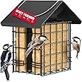 Suet Bird Feeder for Outside [Double Capacity] Suet Wild Bird Feeder with Hanging Metal Roof, Suet Feeders for Outside, for Use with Suet Cakes, Seed Cakes, Mealworm Cakes
