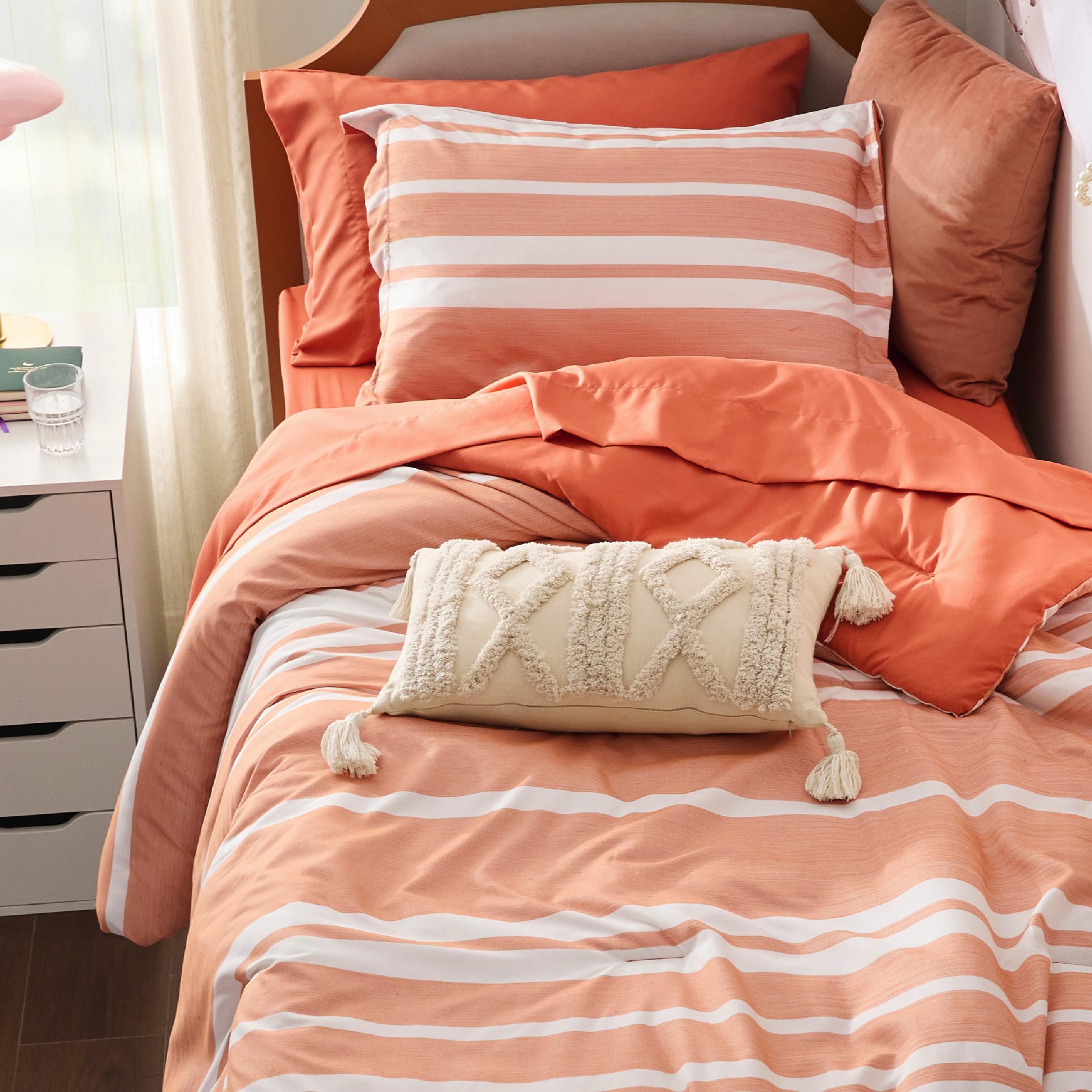Bedsure Twin XL Comforter Set 5 Pieces, Burnt Orange Striped Bedding Set for All Seasons, Reversible, Cationic Dyeing Bed in a Bag with Comforter, Sheets, Pillowcase & Sham Image