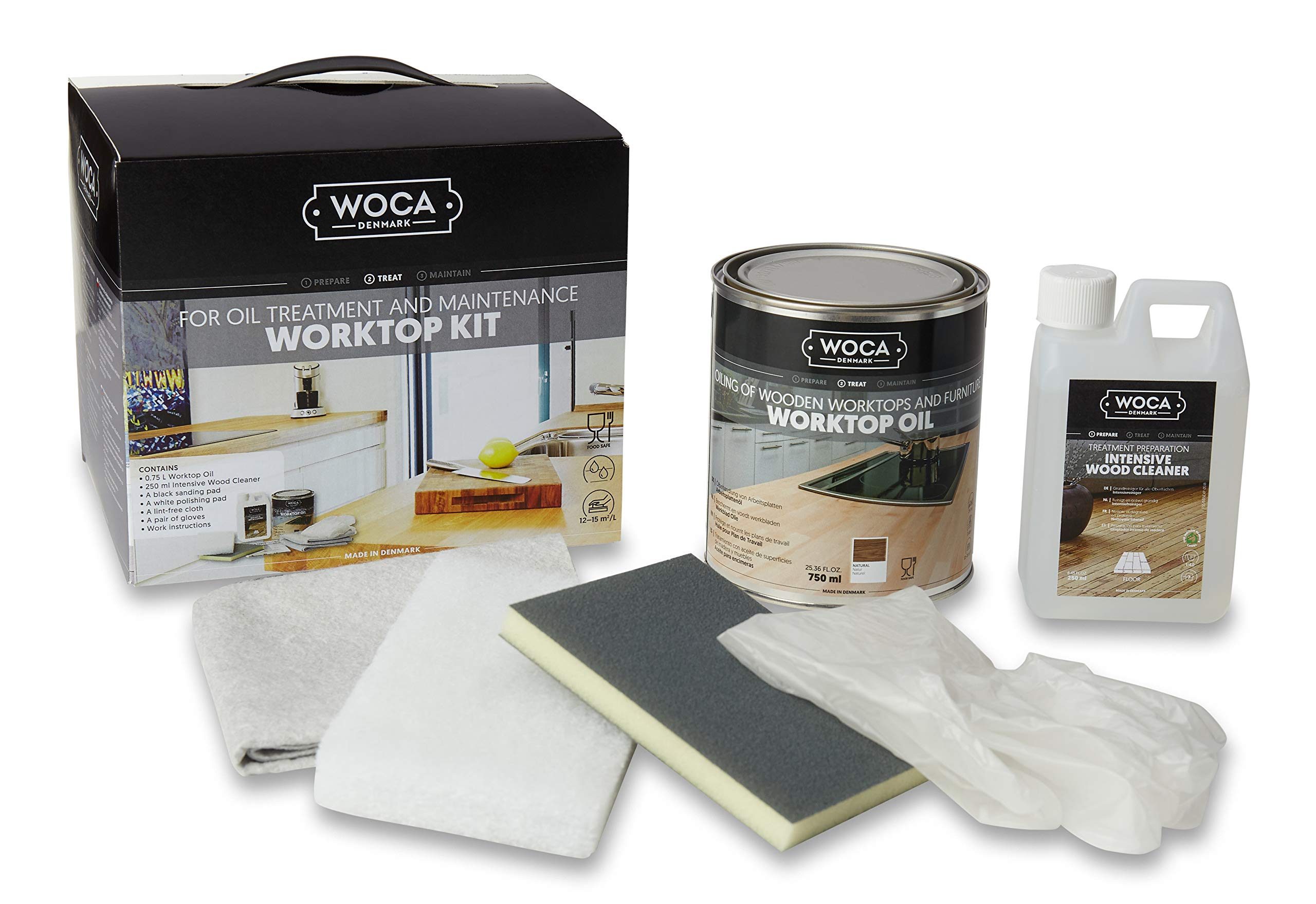 WOCA Worktop Oil kit (Natural) All You Need for The Maintenance of Kitchen Worktop or Furniture. This Danish Oil for Wood Highlights The Wood’s Natural Glow Fresh Appearance.