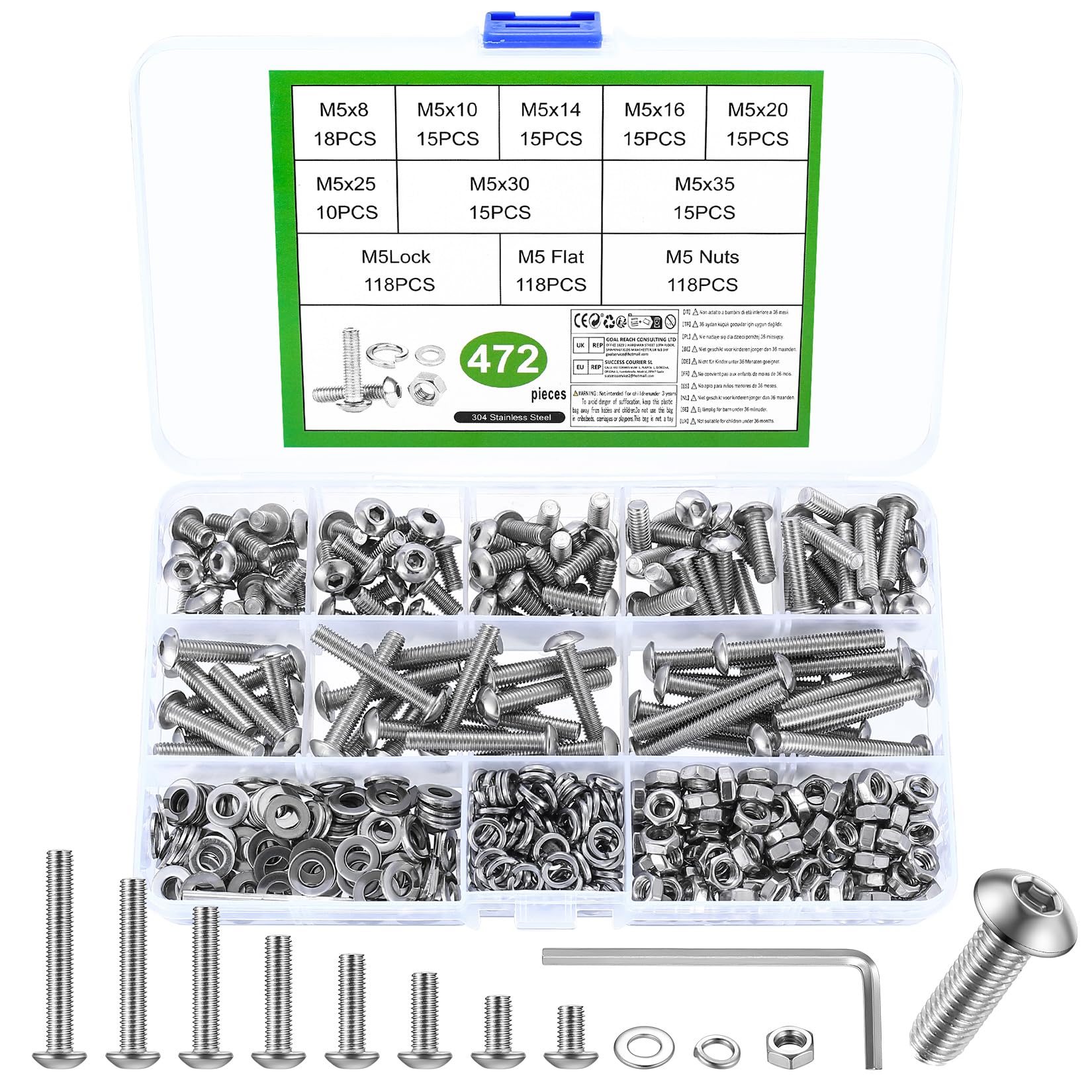 472 Pcs M5 Set, M5 Bolts and Nuts Set, Assorted and Set, Hex Socket Head Cap Screws Bolts and Nuts Set with Washers, Pan Round Head Machine Screws Assortment Kit