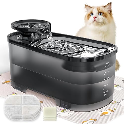QEXREED Cat Water Fountain - 2.5L, Silent with Activated Carbon Filter, Black Translucent Tank for Multiple Pets