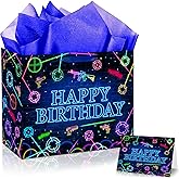 JORHANCE Laser Tag Gift Bag with Tissue Paper and Birthday Card - Large Neon Wrapping Paper Bag for Laser Tag Birthday Party Decorations