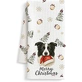 FISWAFY Border Collie Christmas Kitchen Towels, Gifts for Border Collie Lovers Dish Tea Towels, Merry Christmas Tree Snowflake Dog Decorative Hand Towel for Kitchen Bathroom Decor, 16x24 Inch