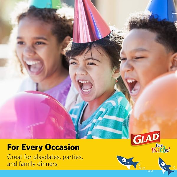 GLAD FOR KIDS 8.5 INCH ROUND PAPER PLATES, CUTE SHARKS DESIGN, HEAVY DUTY CUT-RESISTANT AND SOAK-PROOF DISPOSABLE PLATES, MICROWAVABLE KIDS TABLEWARE FOR MEALS, PARTIES, SNACKS, 20 COUNT – 6 PACK