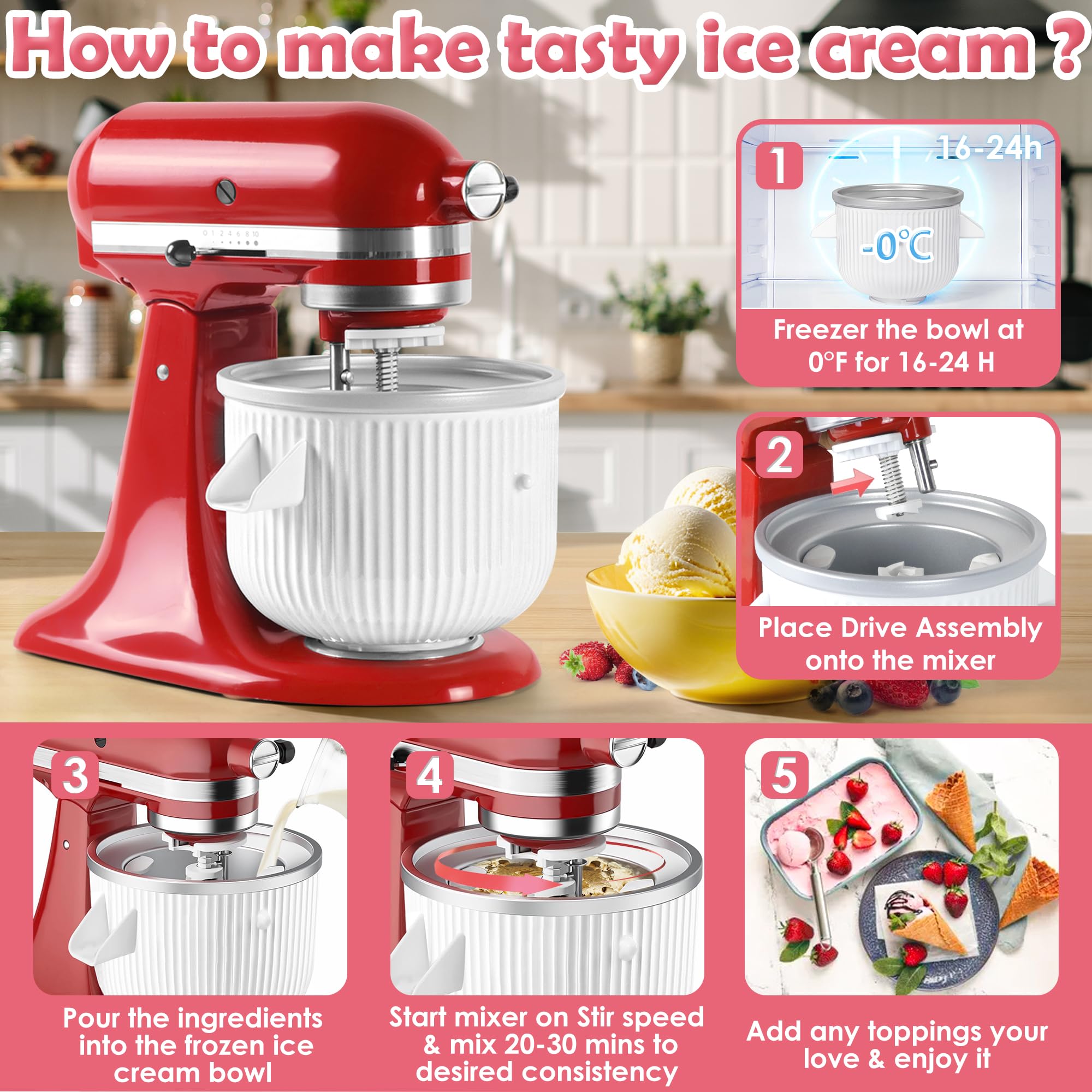 Ice Cream Maker Attachment for Kitchenaid Stand Mixer - Compatible with 4.5 Qt and Larger Stand Mixers - 2 Quart Frozen Yogurt - Ice Cream & Sorbet Gelato Maker