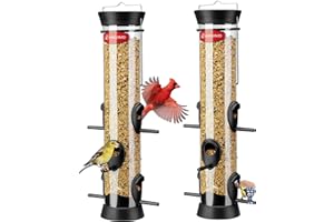 Kingsyard 2 Pack Tube Bird Feeder for Outdoors Hanging, Removable Base and Perch, 6 Feeding Ports - Easy to Clean, Premium Hard Plastic, Attracting for Finches Cardinals (Black)