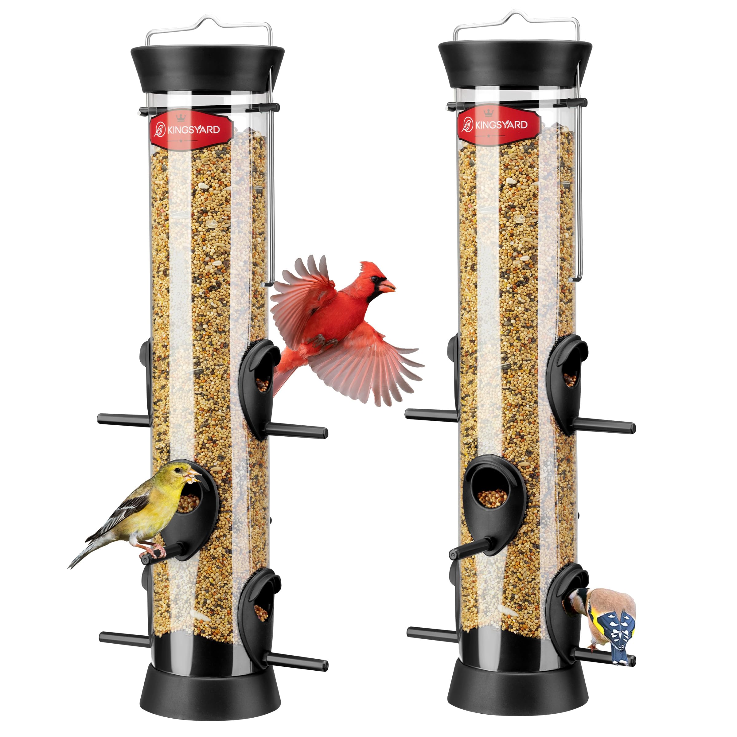 Photo 1 of Kingsyard 2 Pack Tube Bird Feeder for Outdoors Hanging, Removable Base and Perch, 6 Feeding Ports - Easy to Clean, Premium Hard Plastic, Attracting for Finches Cardinals (Black)