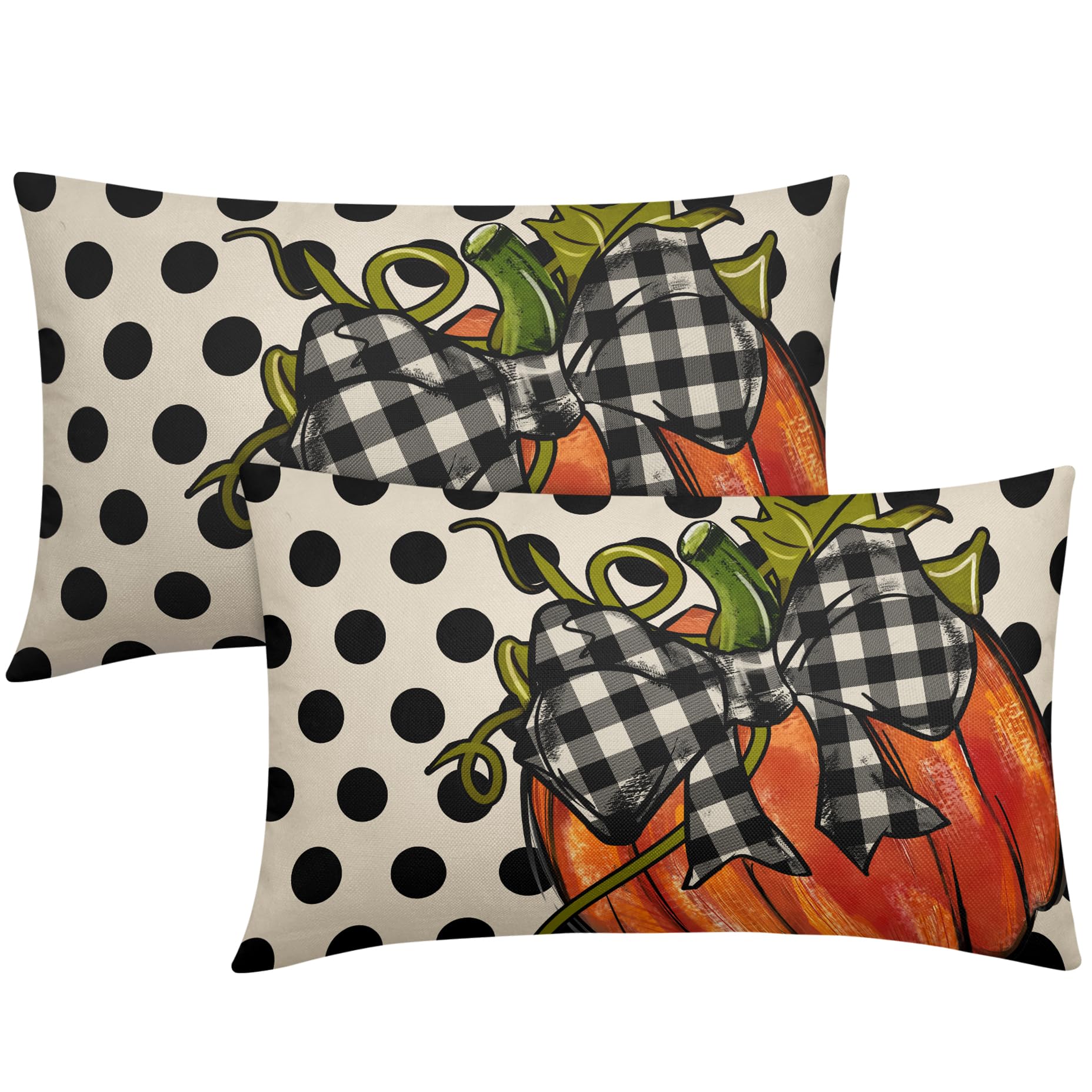 Photo 1 of Fall Lumbar Pillow Covers 12x20 Set of 2 Thanksgiving Orange Pumpkin Throw Pillows Outdoor Autumn Black White Polka Dot Decorative Pillow Case Linen Long Cushion Covers Rustic Decor for Couch Sofa Bed