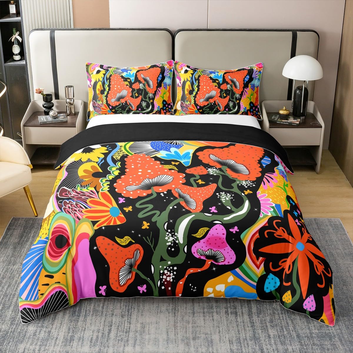 Homemissing Kids Mushroom Decor Bedding Set King Size Kawaii Fungus Bedding Duvet Cover 100% Cotton Set For Boys Teens Decor Vintage Floral Comforter Cover Set Flower Theme Orange Bedspread Cover 3pcs