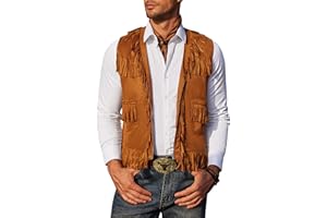 COOFANDY Men's Western Cowboy Vest Casual Fringe Hippie Costume V Neck Zipper Suede Leather Waistcoat