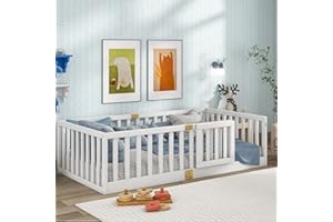 Tatub Twin Montessori Floor Bed with High Rails, Solid Wood Montessori Bed Frame for Kids, Door Can Install Left and Right, Twin-White