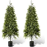 Giegxin 2 Pack 4ft Artificial Cedar Topiary Trees with Planter Outdoor Indoor Realistic Fake Plants Trees Faux Cypress UV Resistant Potted Bushes Faux Shrubs for Home Office Front Door Porch Garden