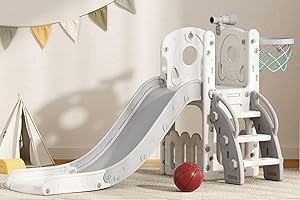 Glaf Toddler Slide 6 in 1 Outdoor Playset Indoor Playground for Kids Toddlers Age 1-3 Baby Slide with Basketball Hoop and Ball Storage Space and Telescope Freestanding Climber Slides Toys (Grey)