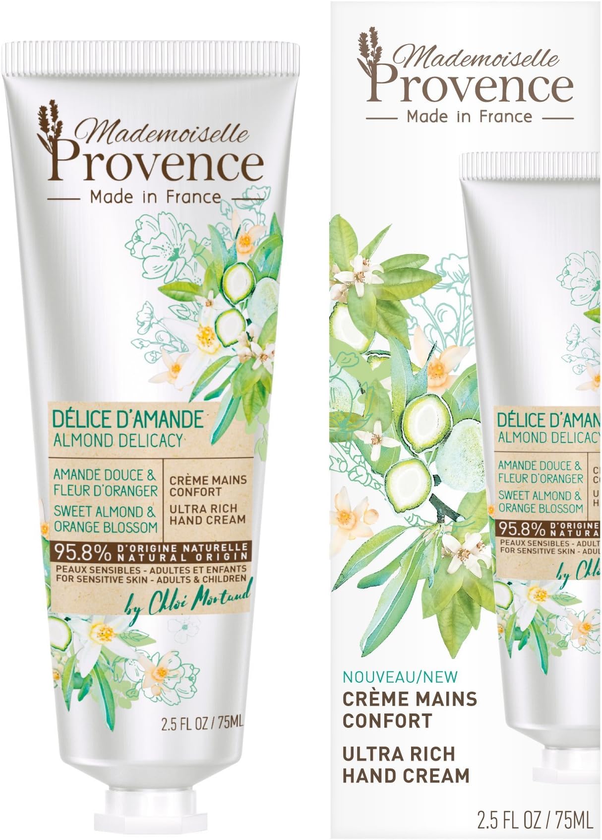 Mademoiselle Provence Organic Almond Ultra-Rich Hand Cream with Orange Blossom Extracts, Dry Sensitive Skin Shea Butter Natural Vegan Hand Moisturizing Lotion, Dermatologist Tested 2.5 fl oz