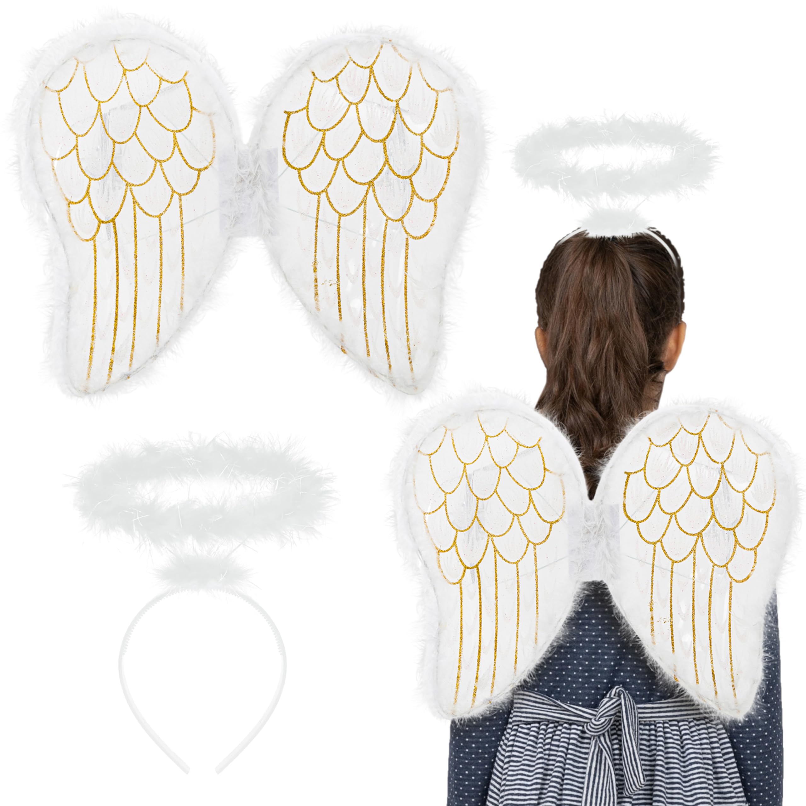 2pc Kids White Angel Wings and Halo Headband Girls Angel Costume Accessories - White and Gold Fairy Wings and Halo for Christmas Fairy Nativity Costume - Girls Christmas Fancy Dress