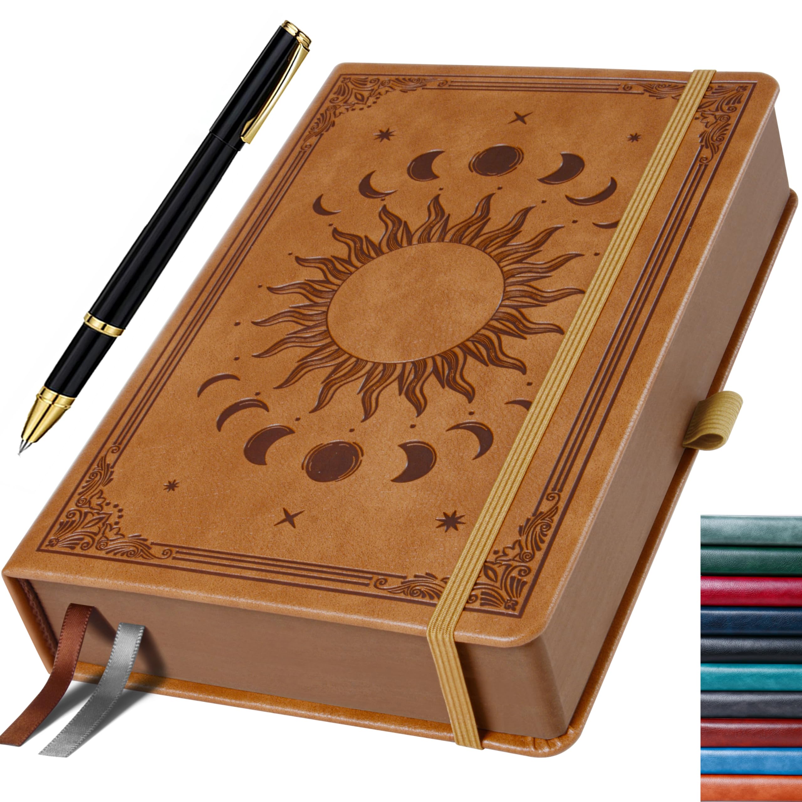 HwxBen Journal for Men & Women, Daily for Classic Lined Writing, 360 Pages Hardcover Journaling Notebook with Pen, Vintage Sun & Moon Design, Light Brown, A5 (5.9'' x 8.5'')
