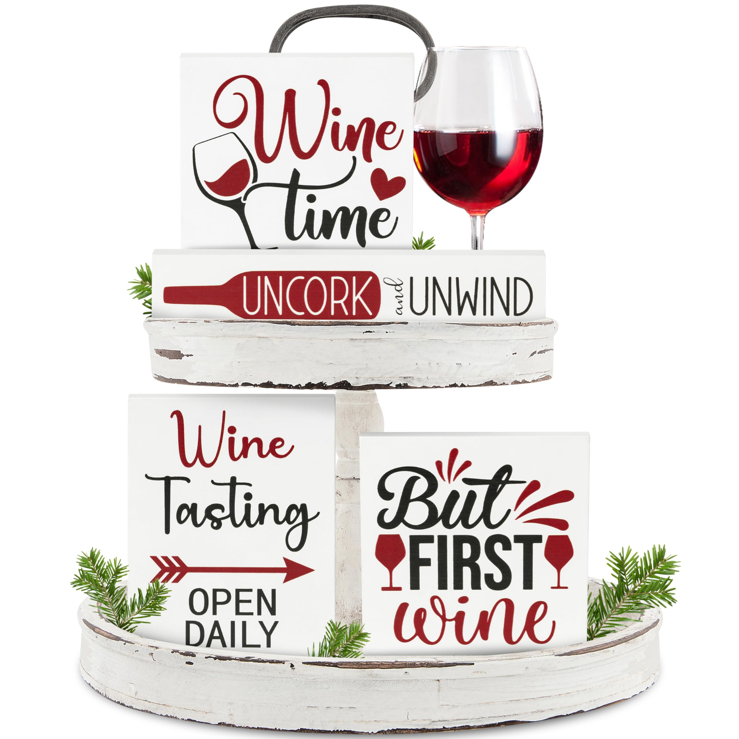 Photo 1 of CPicdn Wine Tiered Tray Decorations - 4Pcs Wine Theme Wooden Table Centerpieces Block Plaque Sign Tabletop Decorations for Home Kitchen Wine Bar Desk Shelf Supplies Gifts