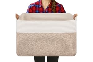 OIASKET Blanket Basket for Living Room, Cotton Rope Basket for Storage, Toy Baskets Bin for kids, Woven Baskets with Handles for Clothes, Towels, Pillows, 20" x 16" x 12", Brown and White