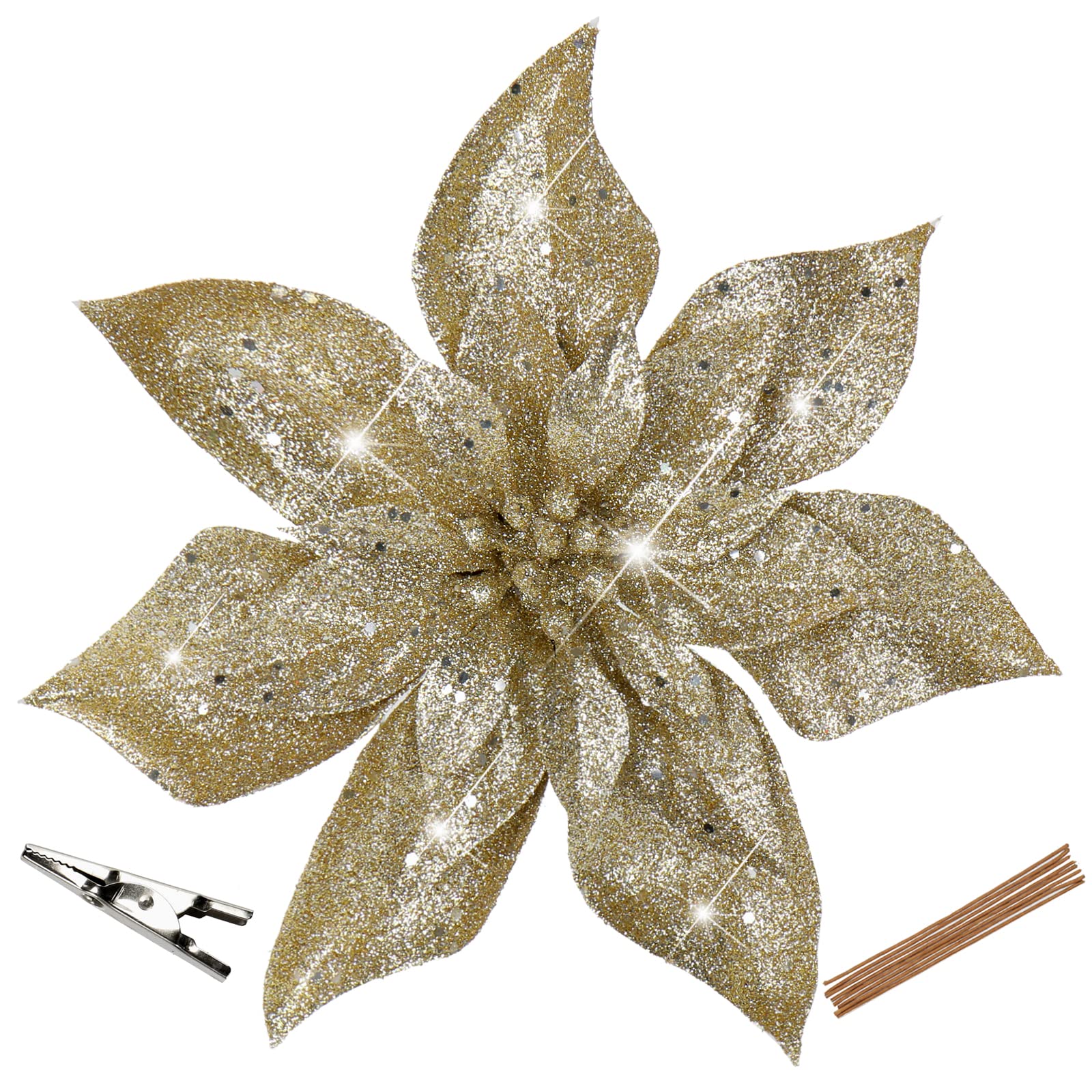 Oairse 8PCS Large Glitter Poinsettia 9"/23cm Champagne Artificial Flowers with Clips Christmas Flower Fake Floral Ornaments for Xmas Tree Holiday Wedding New Year Halloween Christmas Tree Decorations